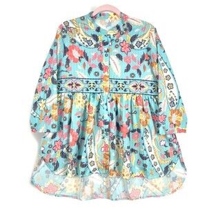 Boho Floral Paisley Tunic Blouse Womens SZ L Turquoise High neck High Low Hem